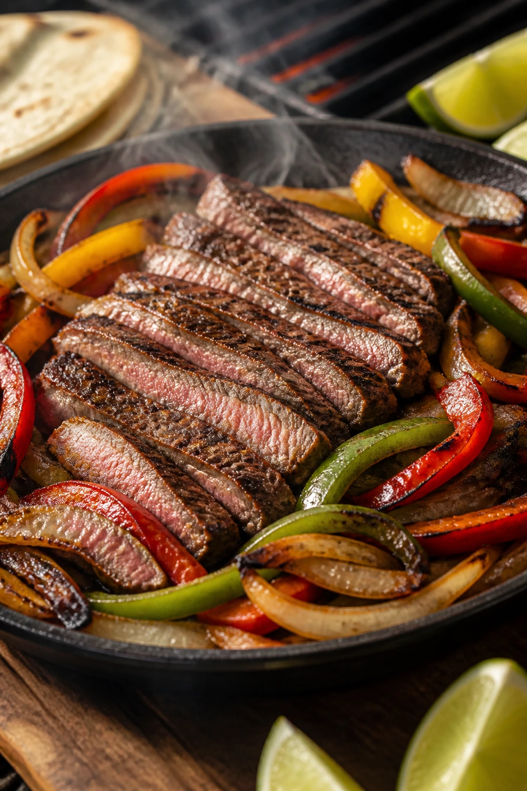 Close-up of skirt steak fajitas with peppers on a sizzling skillet outdoors
