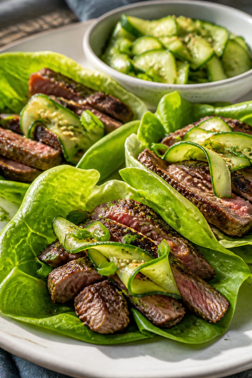 Lettuce wraps with skirt steak and cucumber salad on plate outdoors
