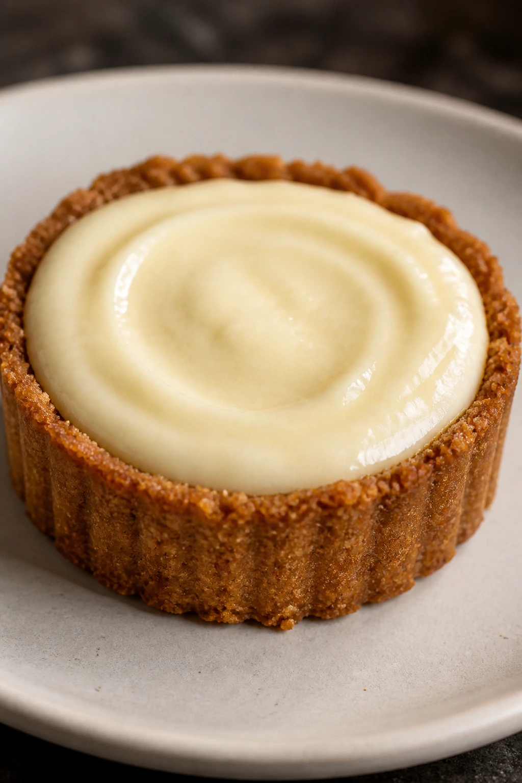 Close-up of a skyr cheesecake tartlet with ginger crust