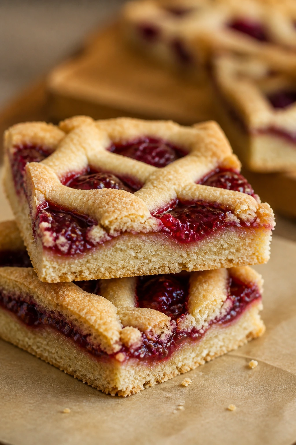 Skyr Linzer bars with raspberry jam visible through lattice crust