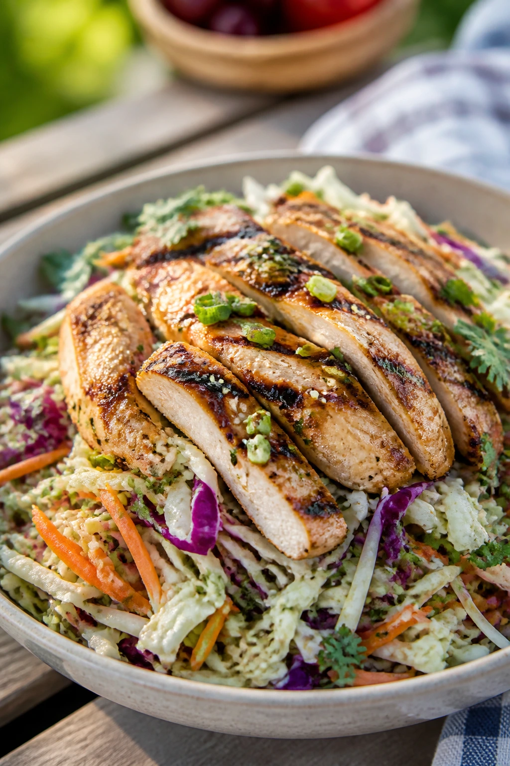 Close-up of crunchy Asian slaw with grilled chicken in a picnic setting