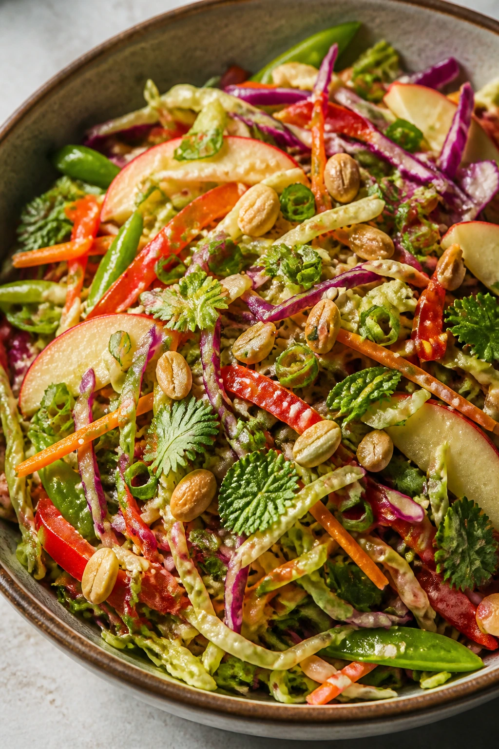 Colorful bowl of Asian slaw with cabbage, carrot, pepper, apple, and herbs