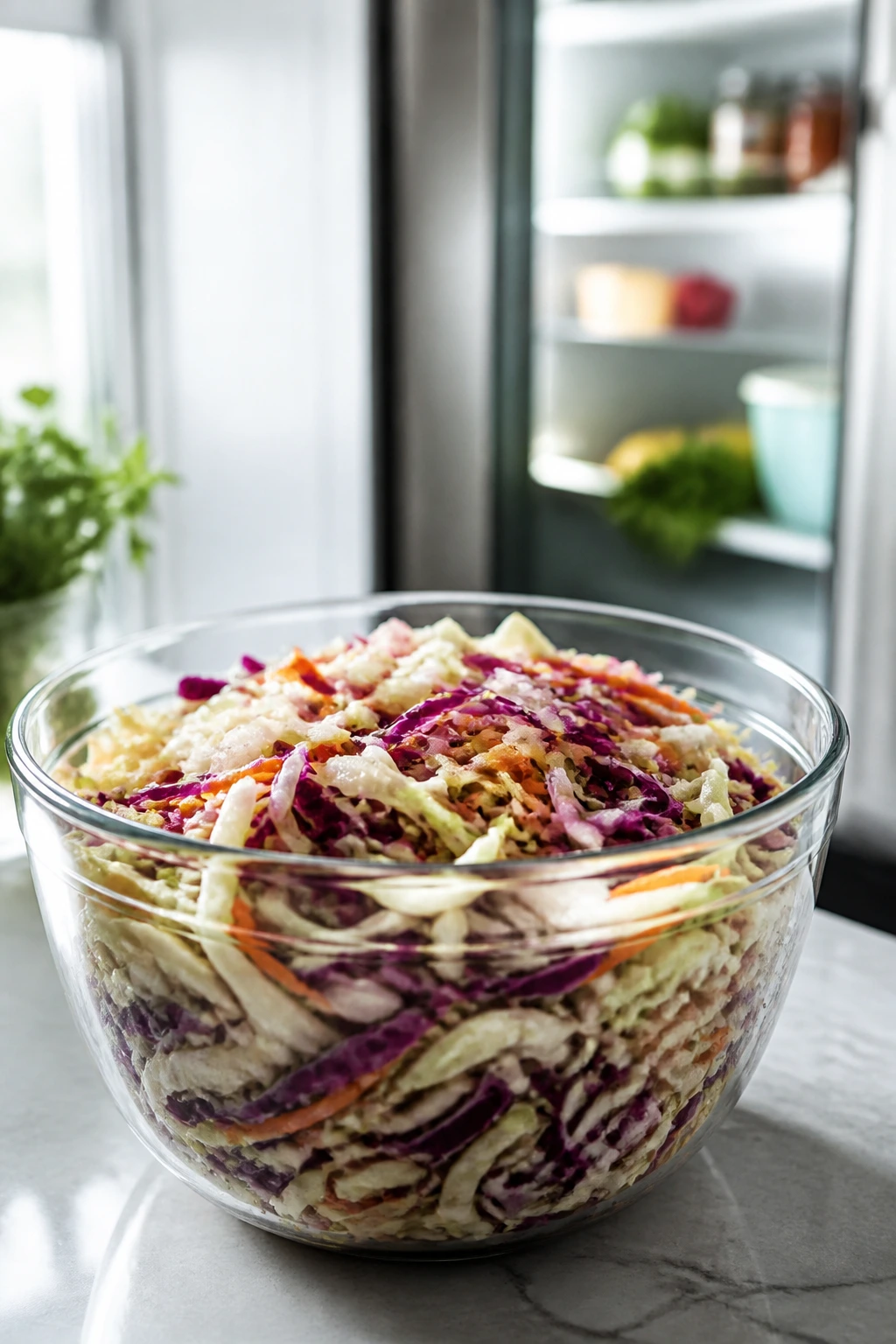 Glass bowl of vinegar slaw on kitchen counter ready to chill