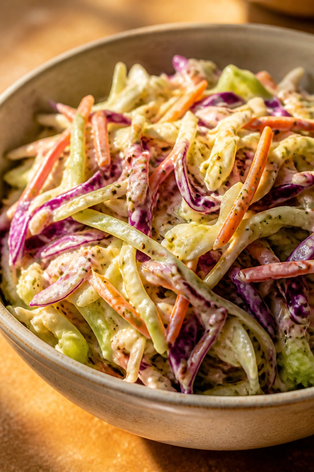 Crisp slaw in a bowl ready for serving on a kitchen counter