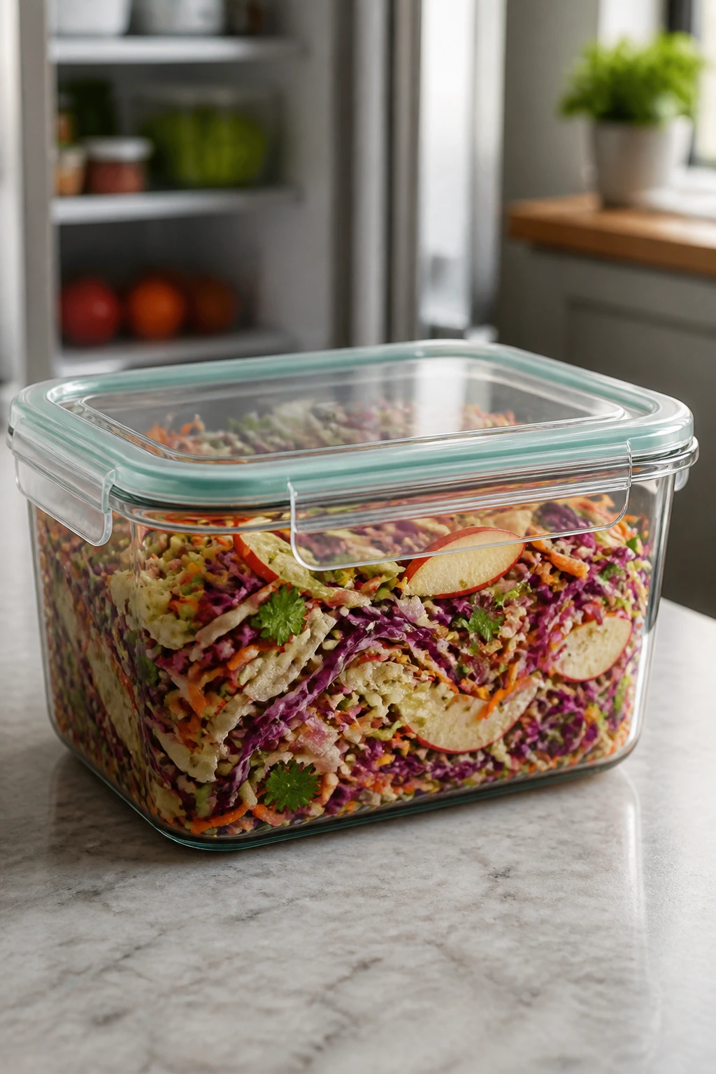 Asian slaw in a glass storage container ready for make-ahead meals