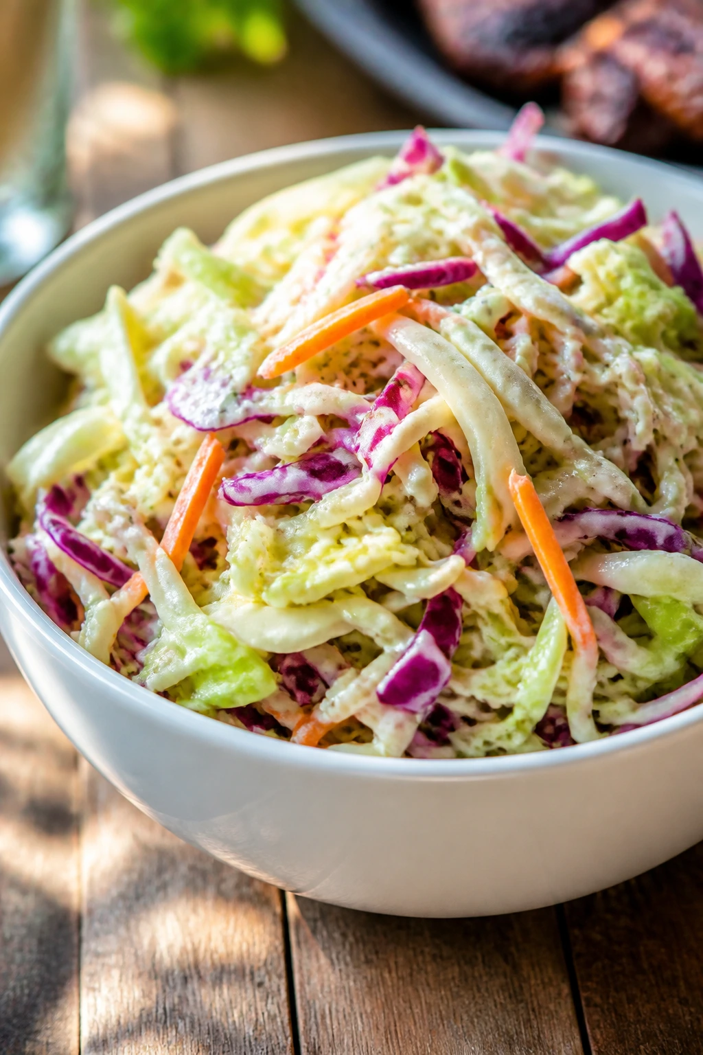 Crisp vinegar slaw on a rustic table, bright and crunchy