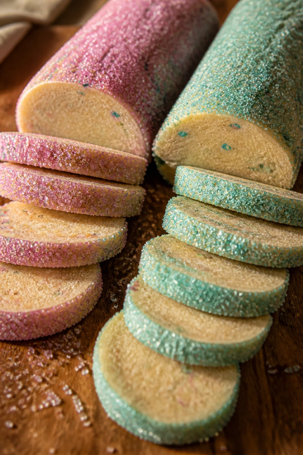 Close-up of pastel slice-and-bake logs on wooden counter