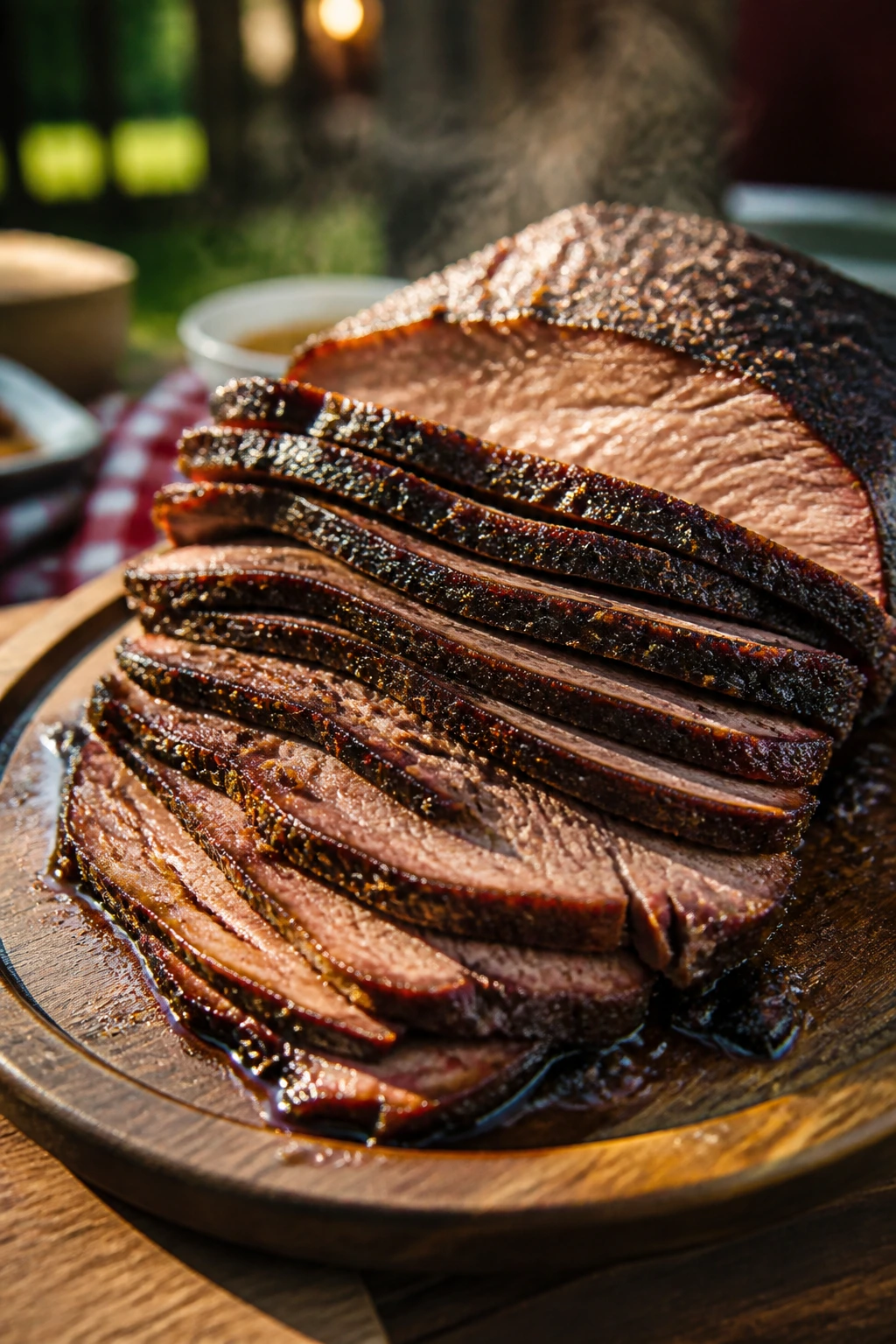 Stacked brisket slices with jus on a platter in a backyard