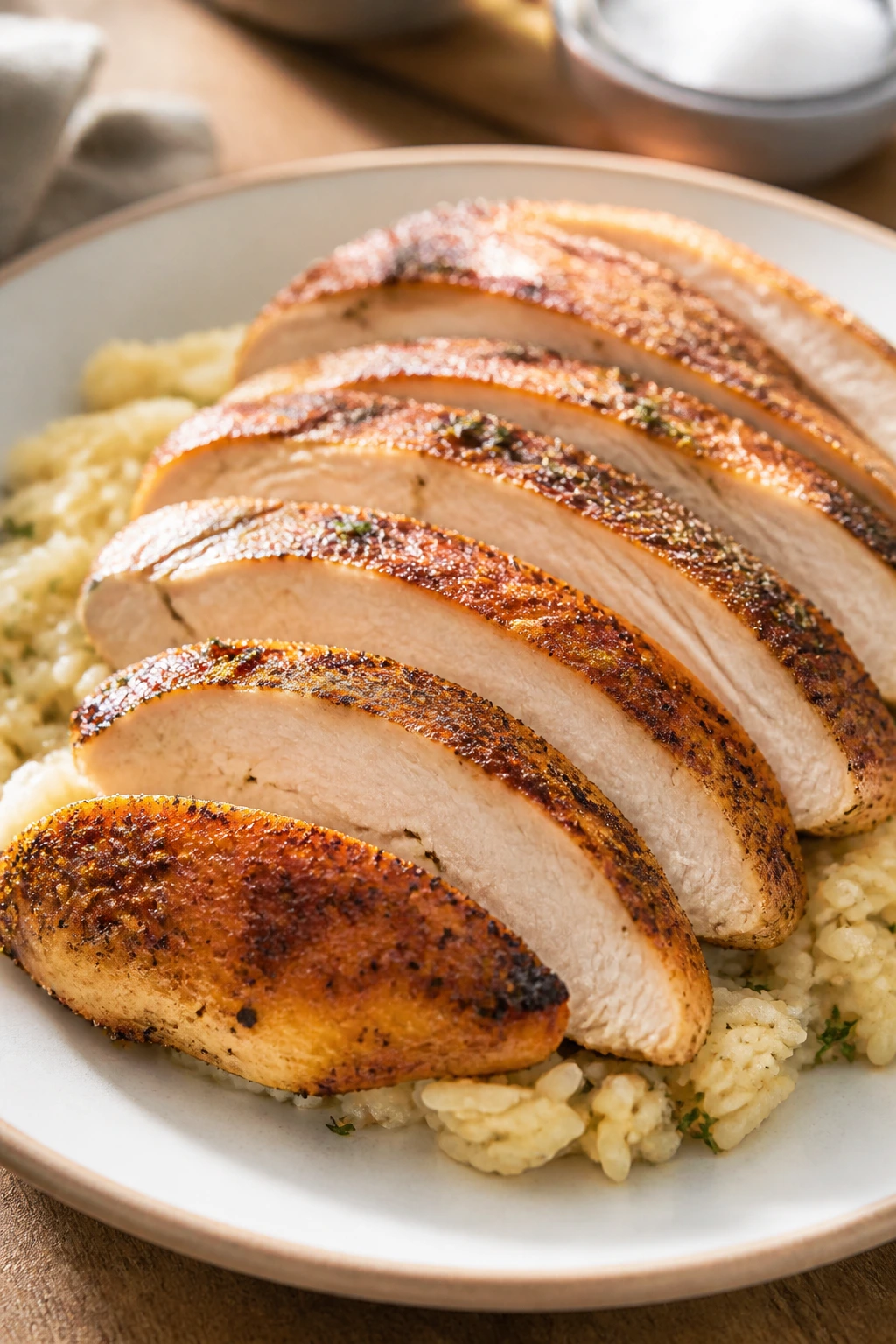 Close-up of sliced chicken breast fanned on plate with buttery rice.