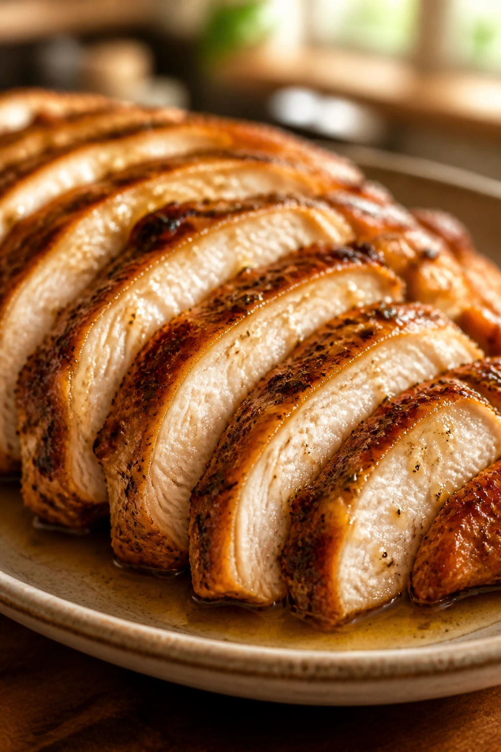 Sliced chicken portions neatly fanned on a plate