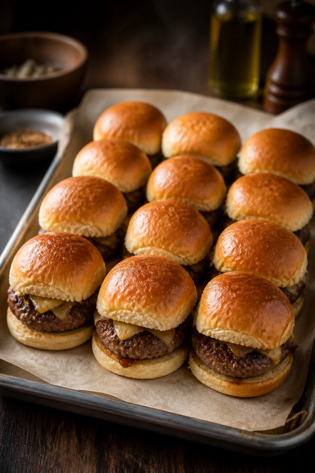 Tray of slider burgers in a warm kitchen, close-up of juicy beef patties between buns