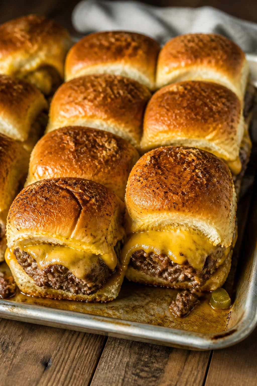 Tray of hamburger sliders on sheet pan in warm kitchen