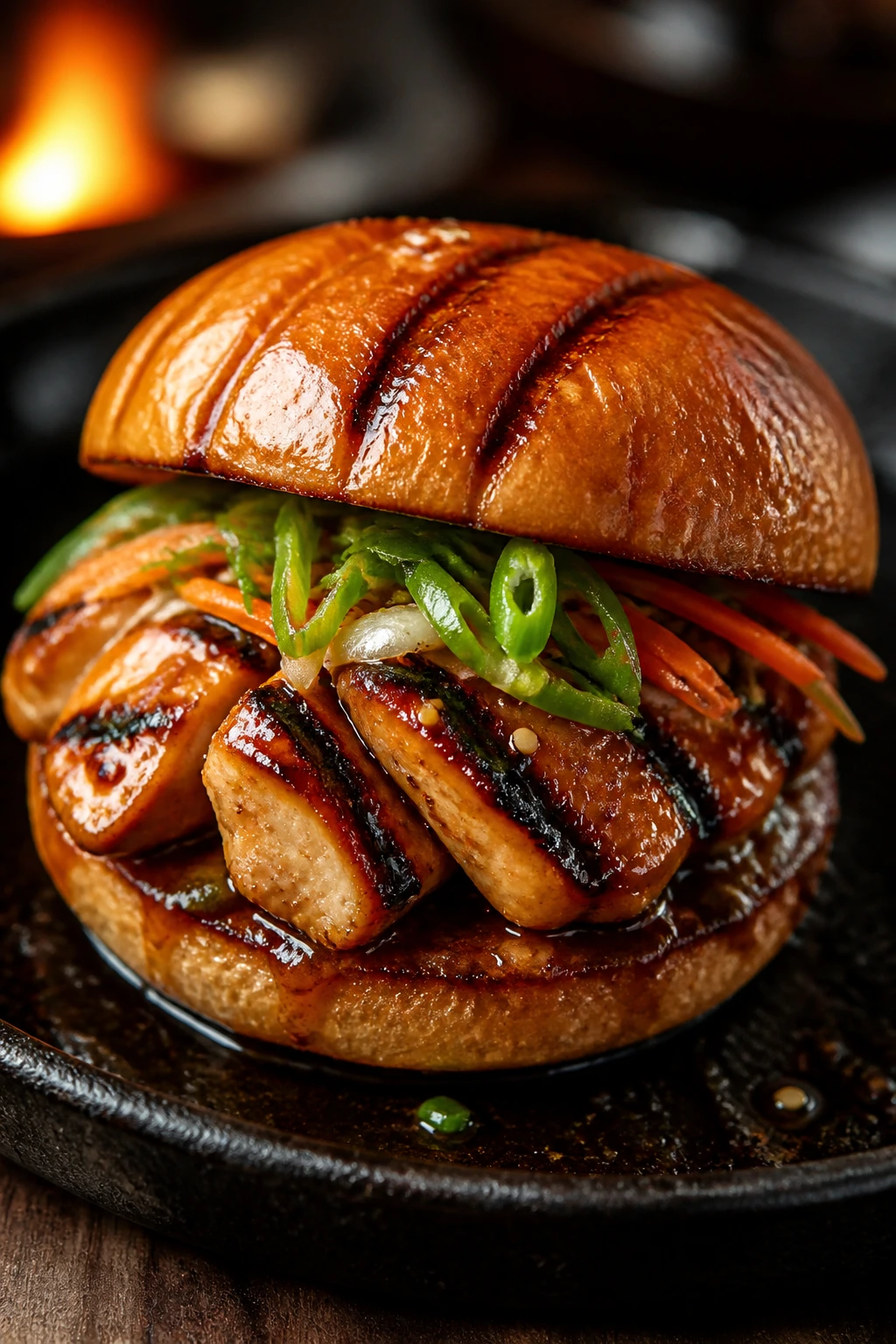 Slider on cast-iron skillet showing grill marks and glaze