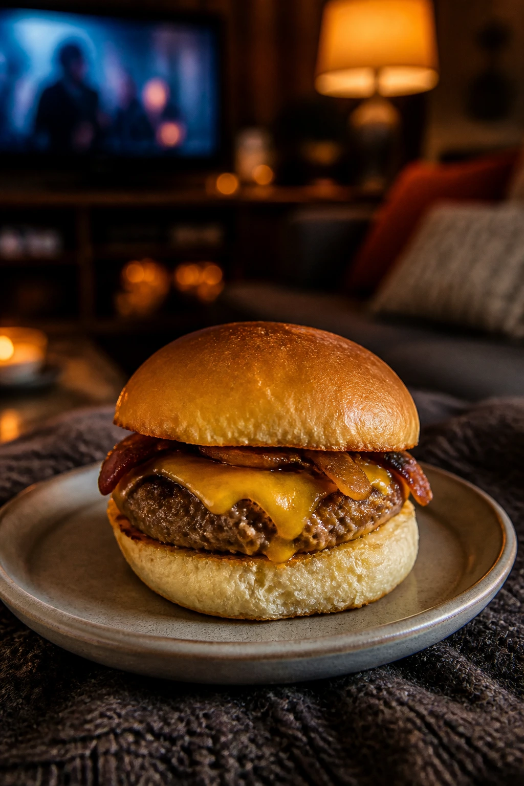 Close-up of a single beef slider on a plate for movie-night dinner