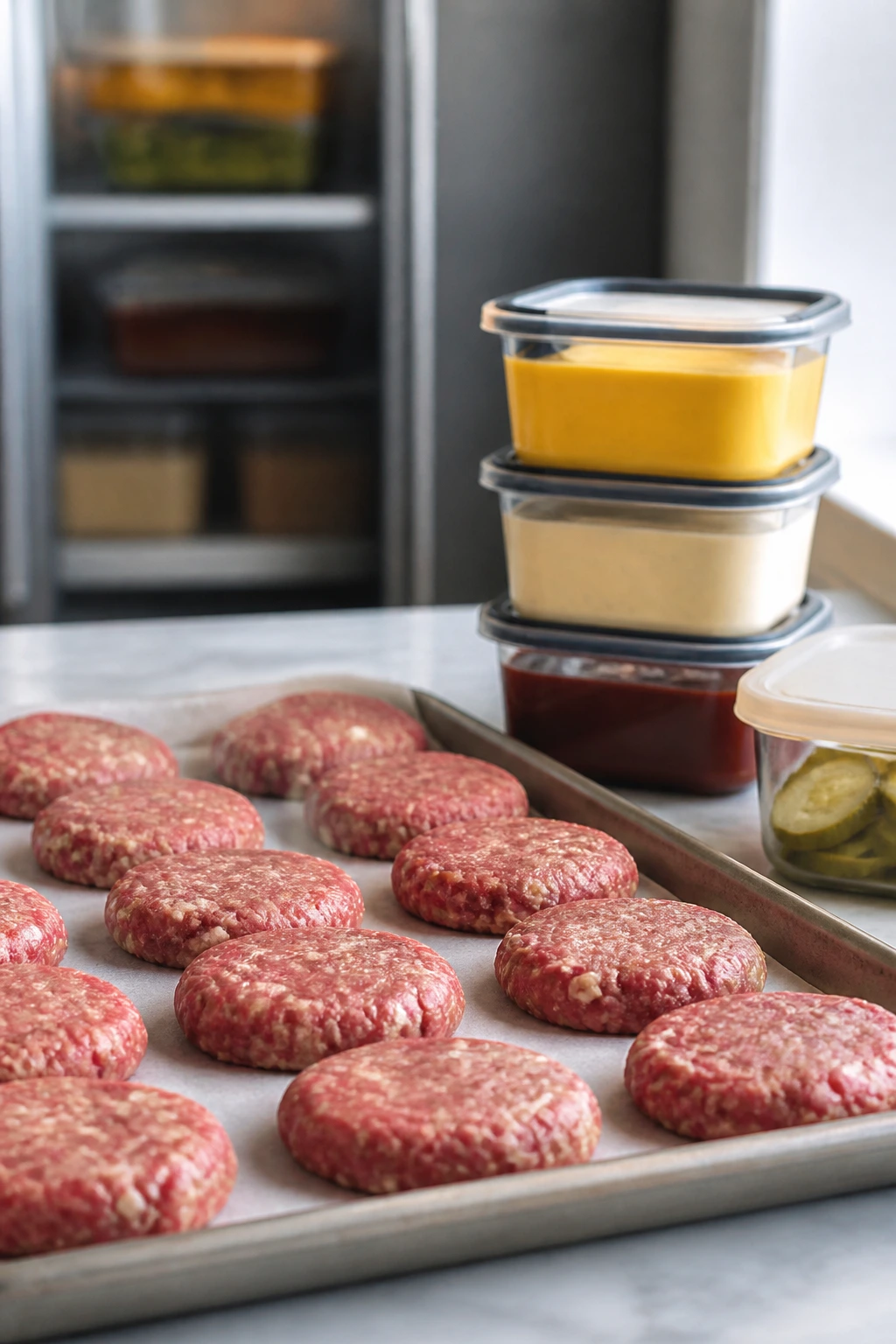 Patties prepped for make-ahead with storage containers in the kitchen.