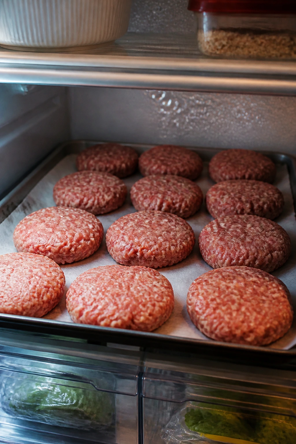 Close-up of raw slider patties on parchment in fridge, ready for make-ahead storage