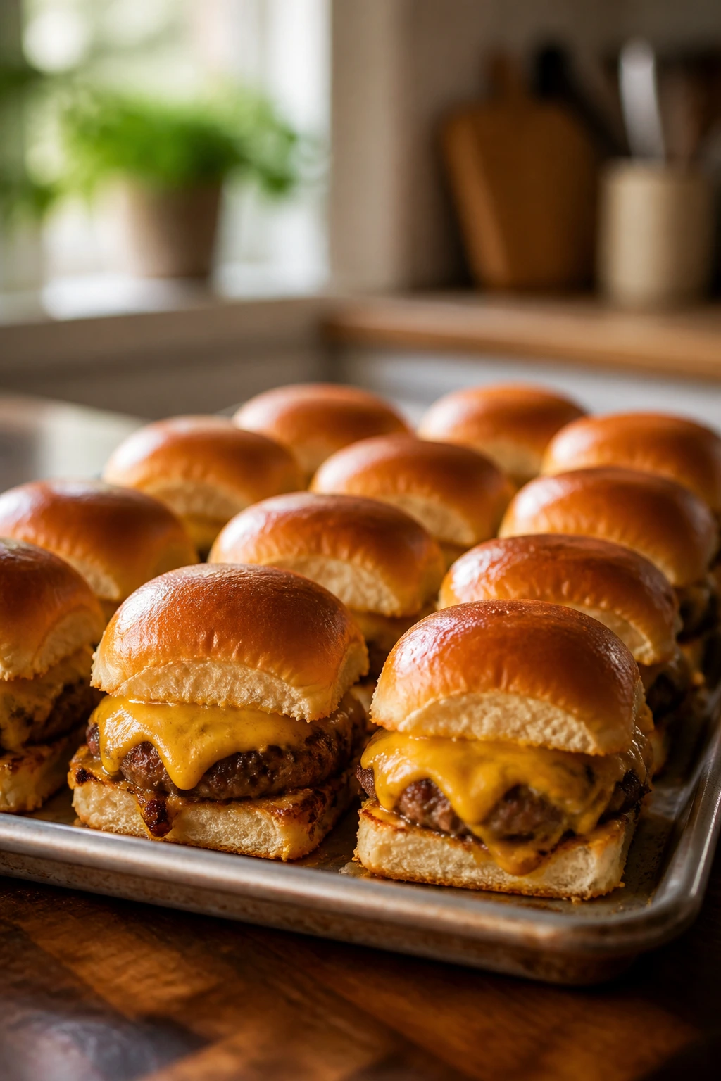 Tray of sliders with cheese on a baking sheet in a warm kitchen