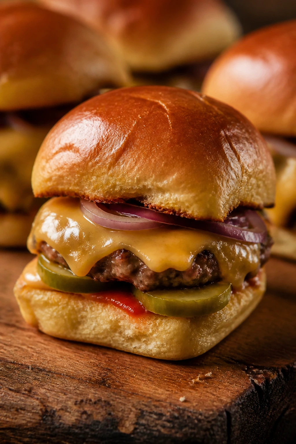 Close-up of a single cheeseburger slider with melted cheese on a wooden board.