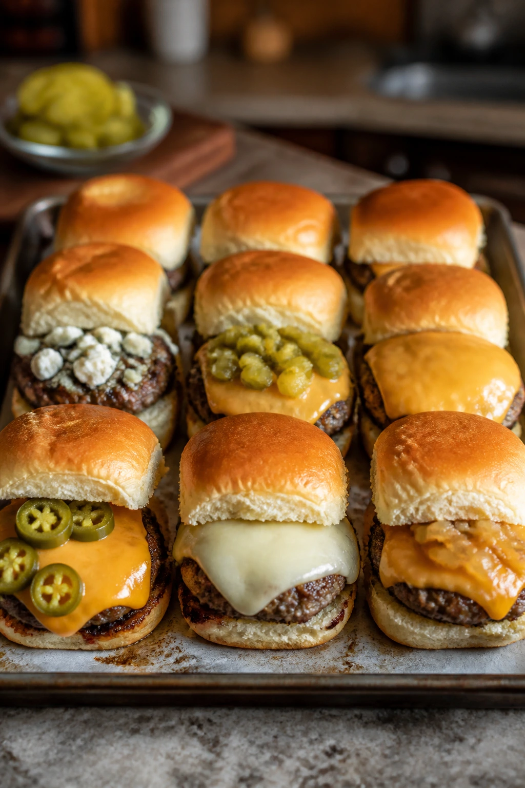 Tray of sliders showing cheese and topping variations