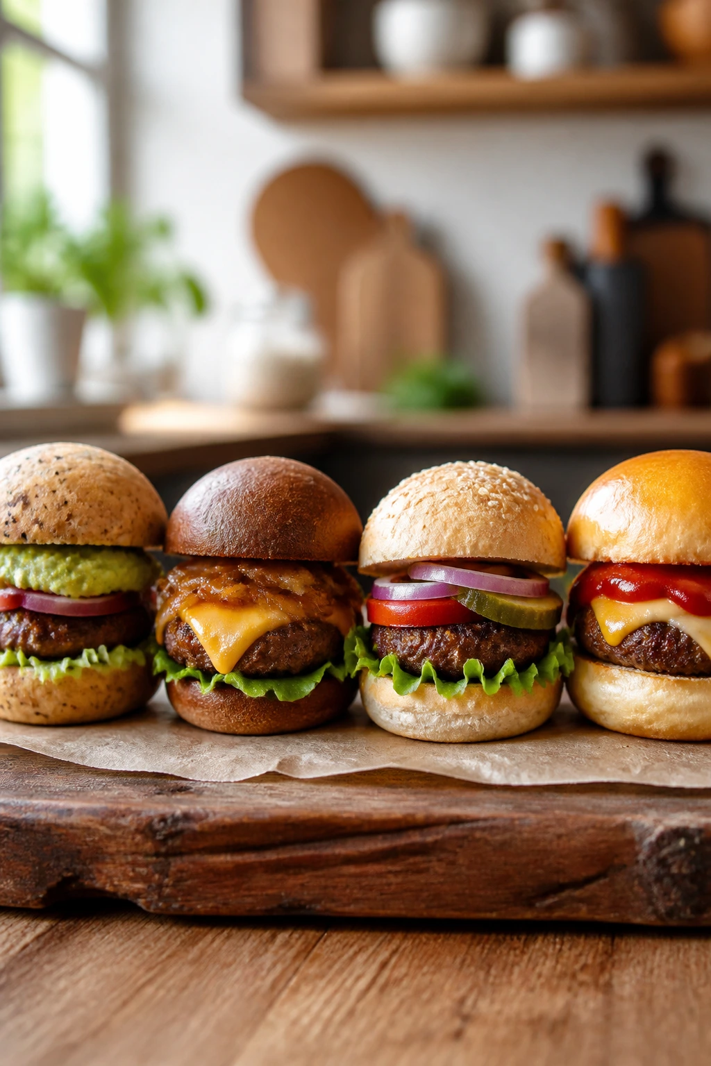 Row of four mini sliders showing variety in buns and toppings