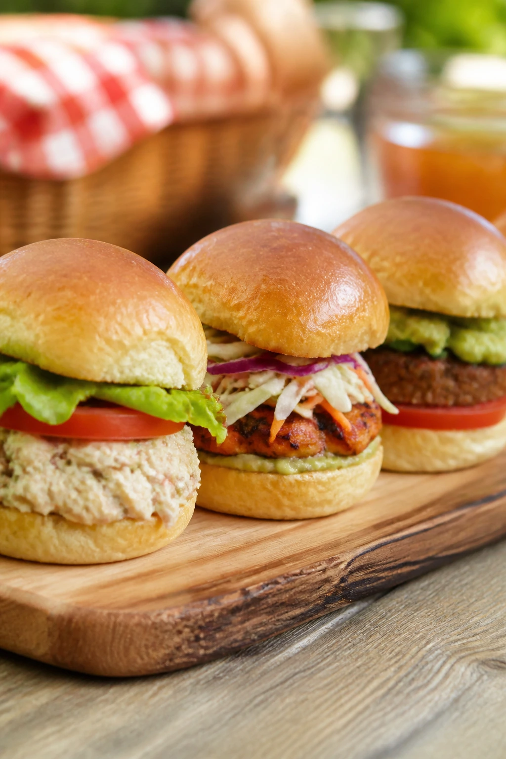 Lineup of sliders with varied fillings on a wooden board