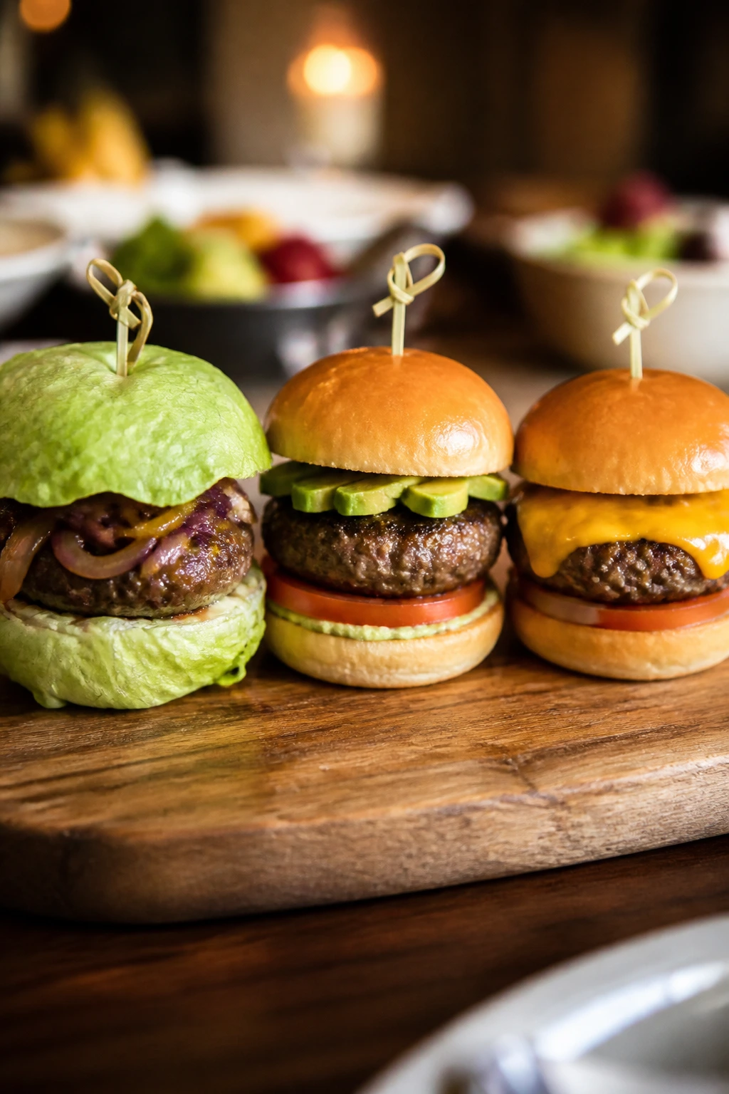Three sliders with varied toppings on a wooden board showcasing variations