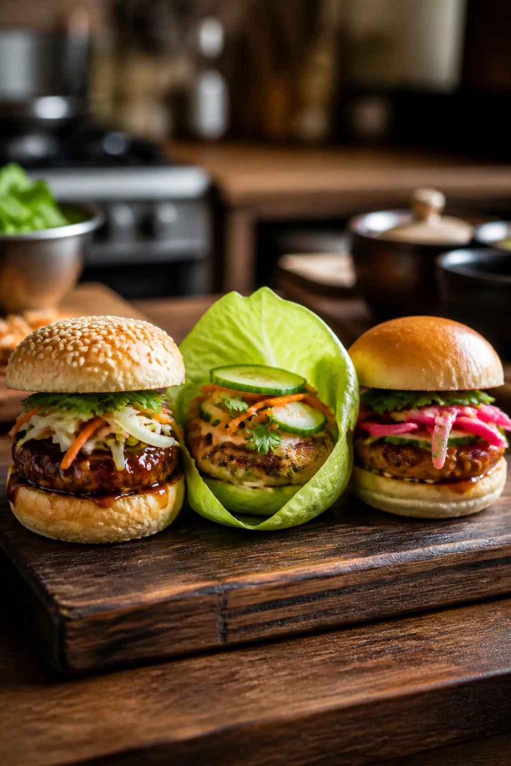 Three visually distinct sliders on a serving board showing variations