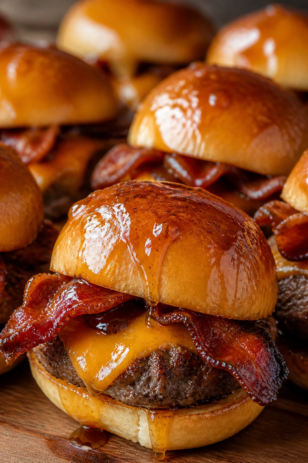 Close-up of Hot Honey Bacon Sliders with bacon, cheddar, and honey glaze.