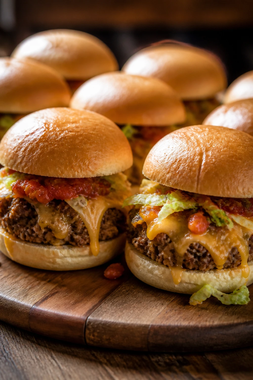 Close-up of taco-flavored burger sliders with cheddar on buns