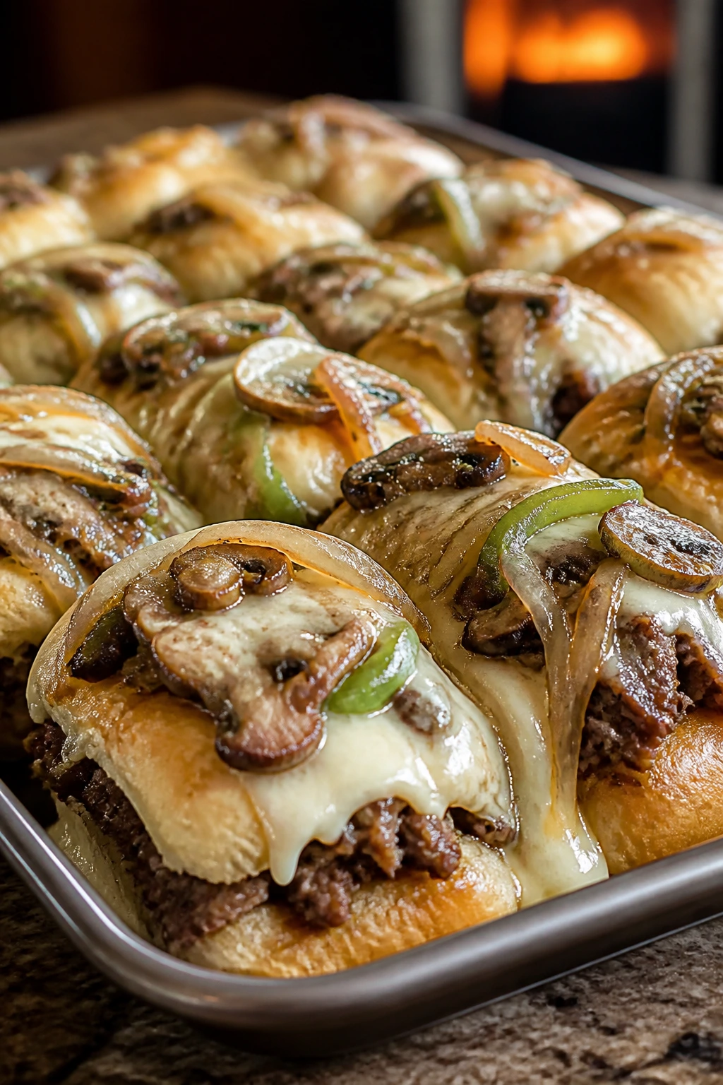 Close-up of Sunday Table Supreme Sliders with onions, peppers, mushrooms and melted cheese