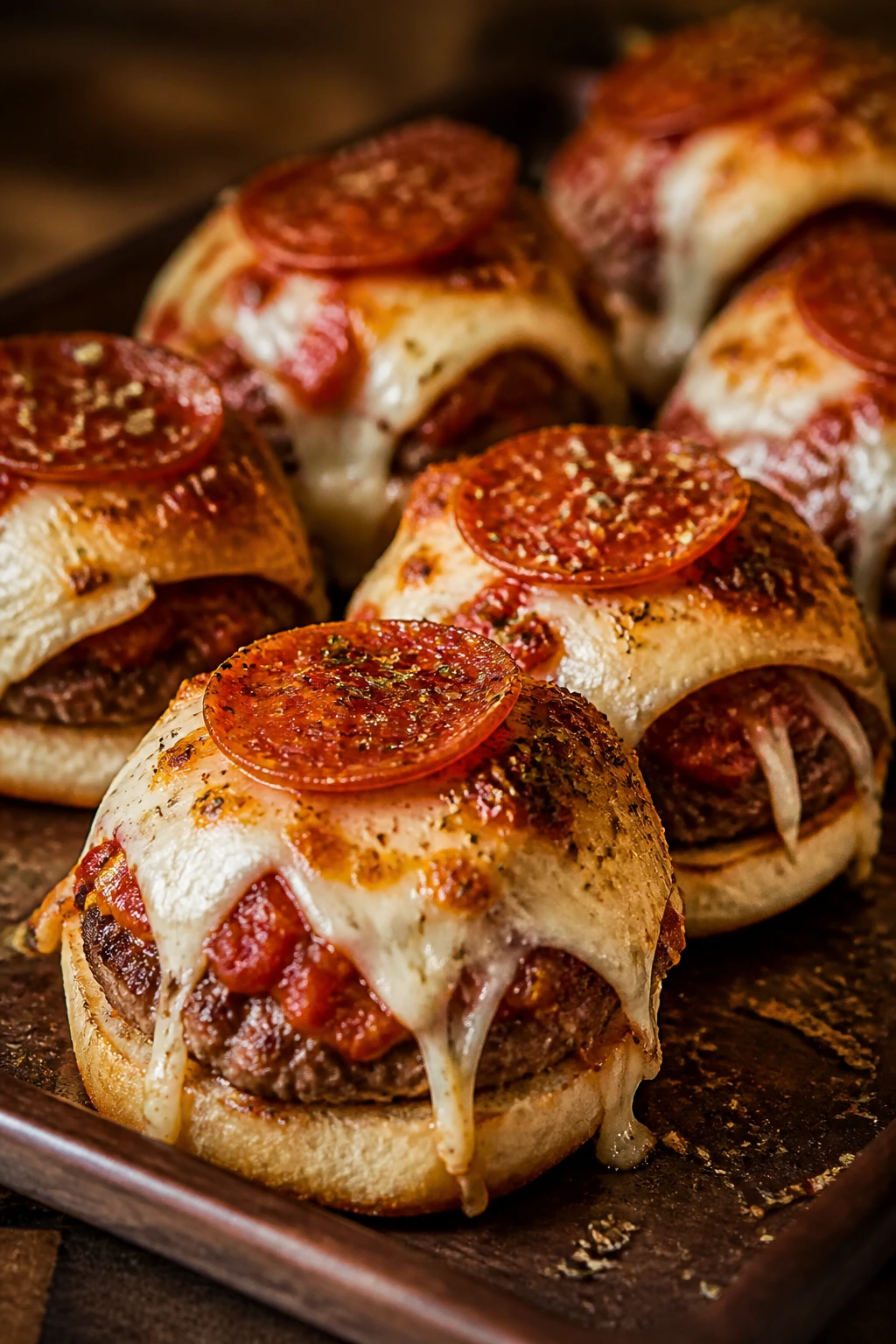 Close-up of pizza-inspired sliders with mozzarella, marinara, pepperoni