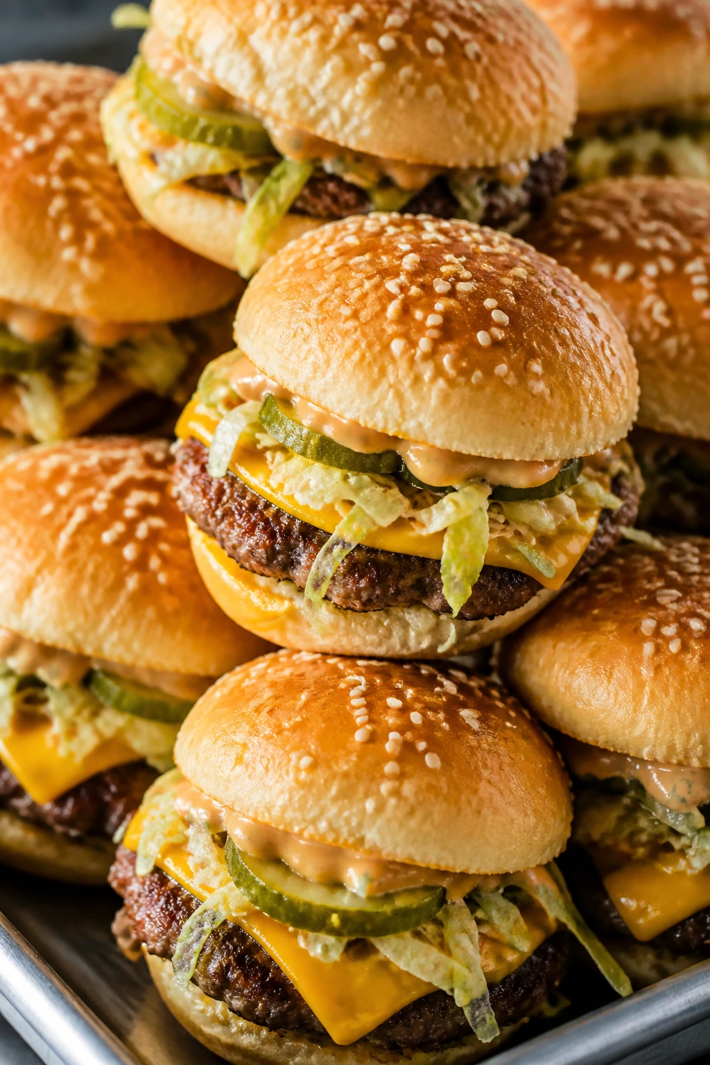 Close-up of Big Mac-style sliders with sesame buns, lettuce, pickles and sauce