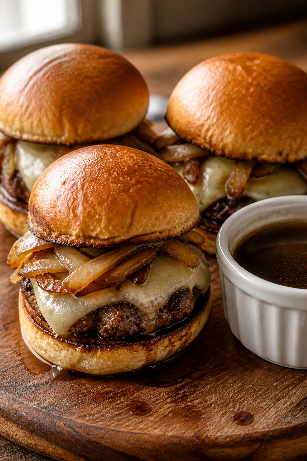 Close-up of Au Jus Swiss Sliders with melted cheese and onions, served with au jus.