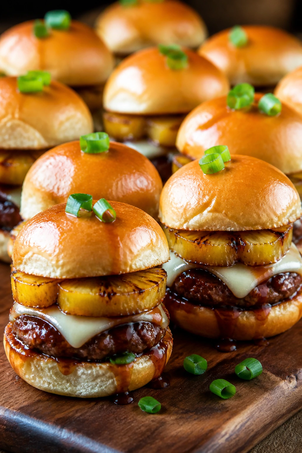 Close-up of teriyaki pineapple sliders with glaze, pineapple, and cheese on buns