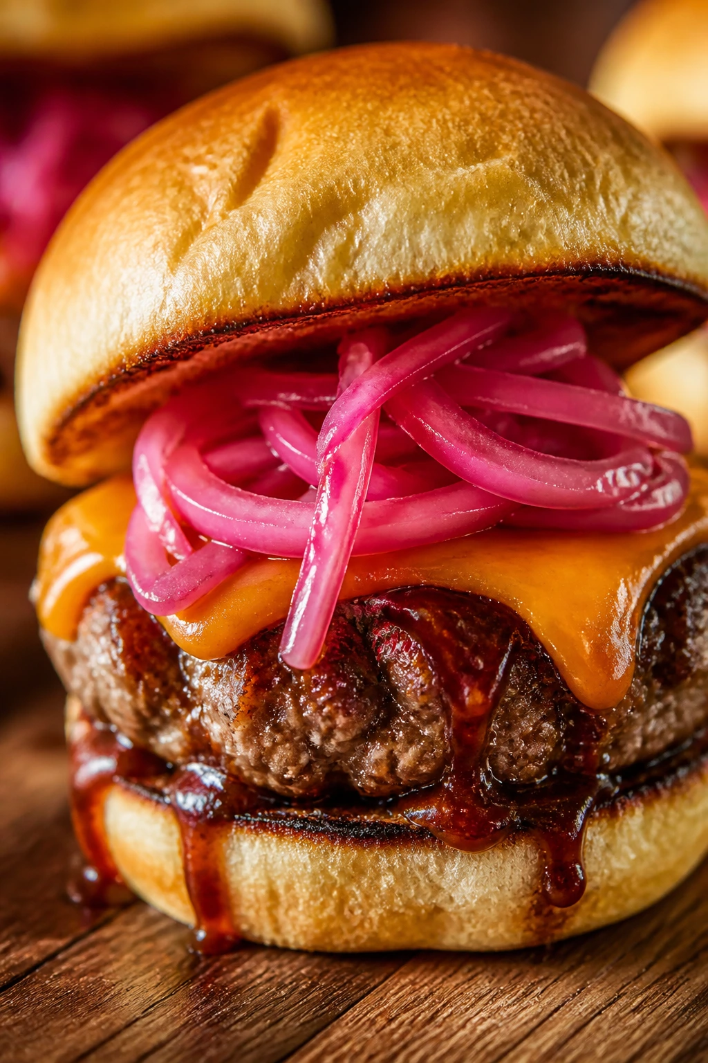 Close-up of Bourbon BBQ Sliders with pickled red onions and smoked cheddar.