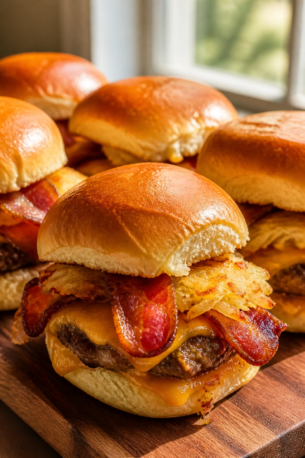 Close-up of Breakfast Cheeseburger Sliders with hash browns and bacon