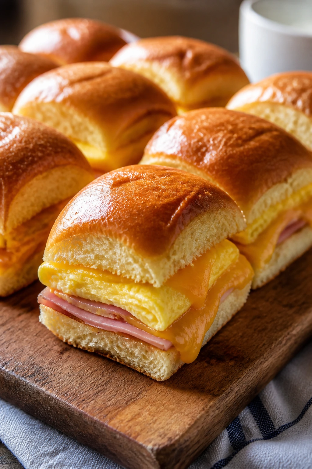 Close-up of ham egg cheese sliders on a wooden board