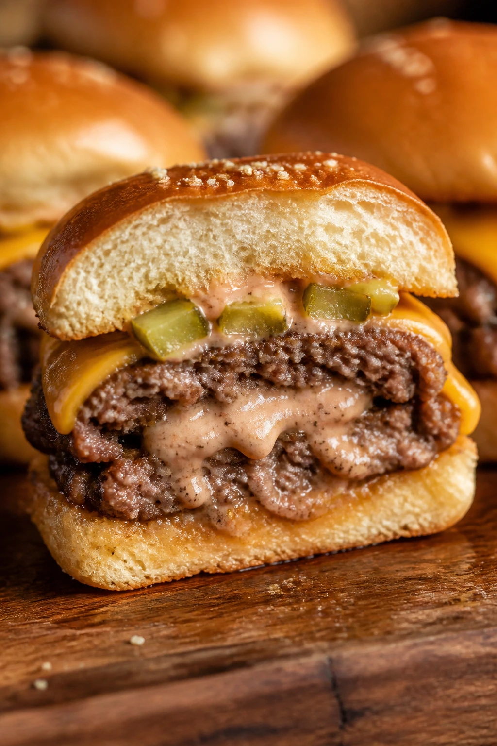 Close-up of a Double-Sauce Diner Cheeseburger Slider showing sauce inside and melted cheese on a rustic wooden board