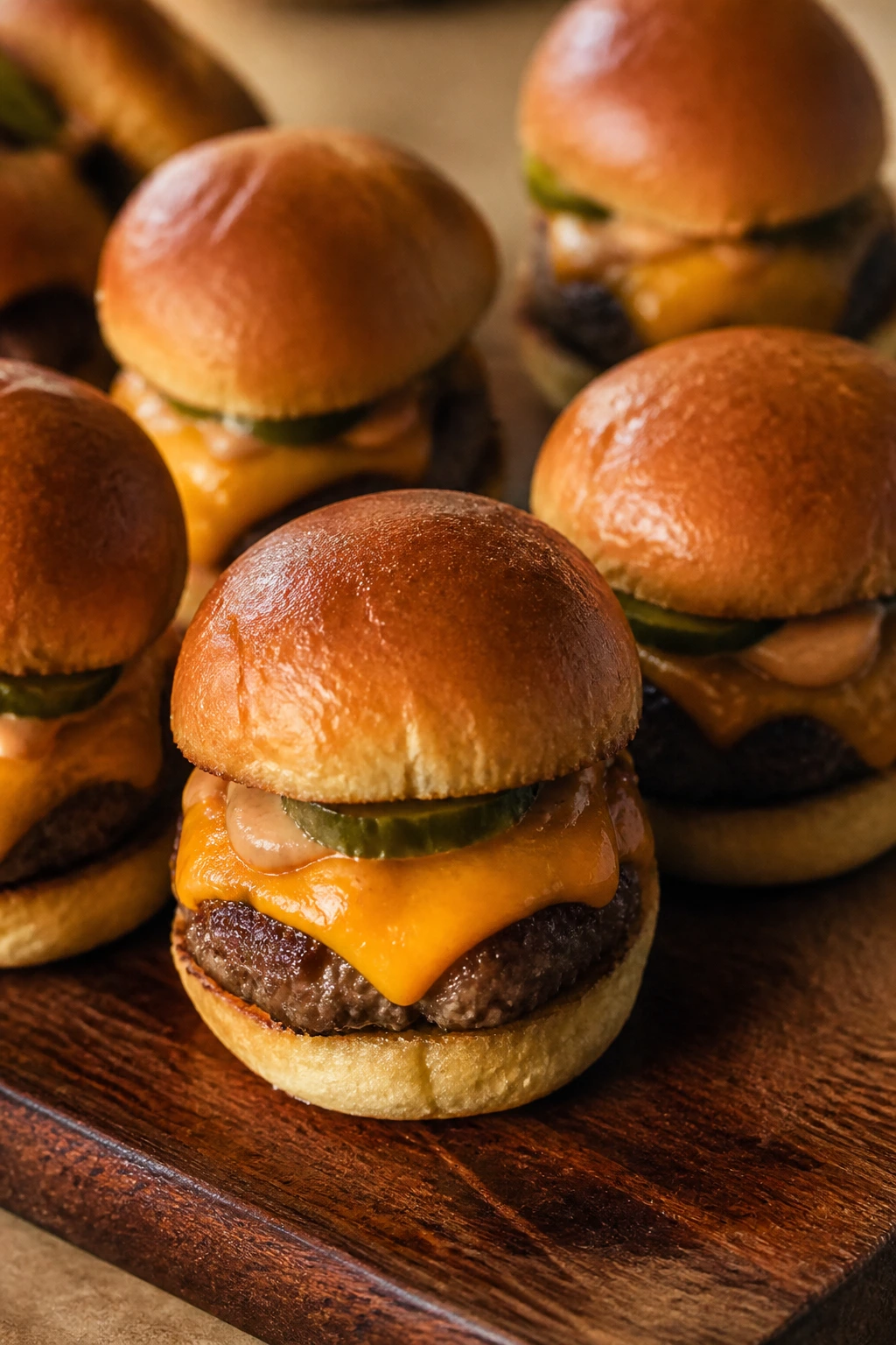 Close-up of mini cheeseburger sliders with melted cheese on a wooden board