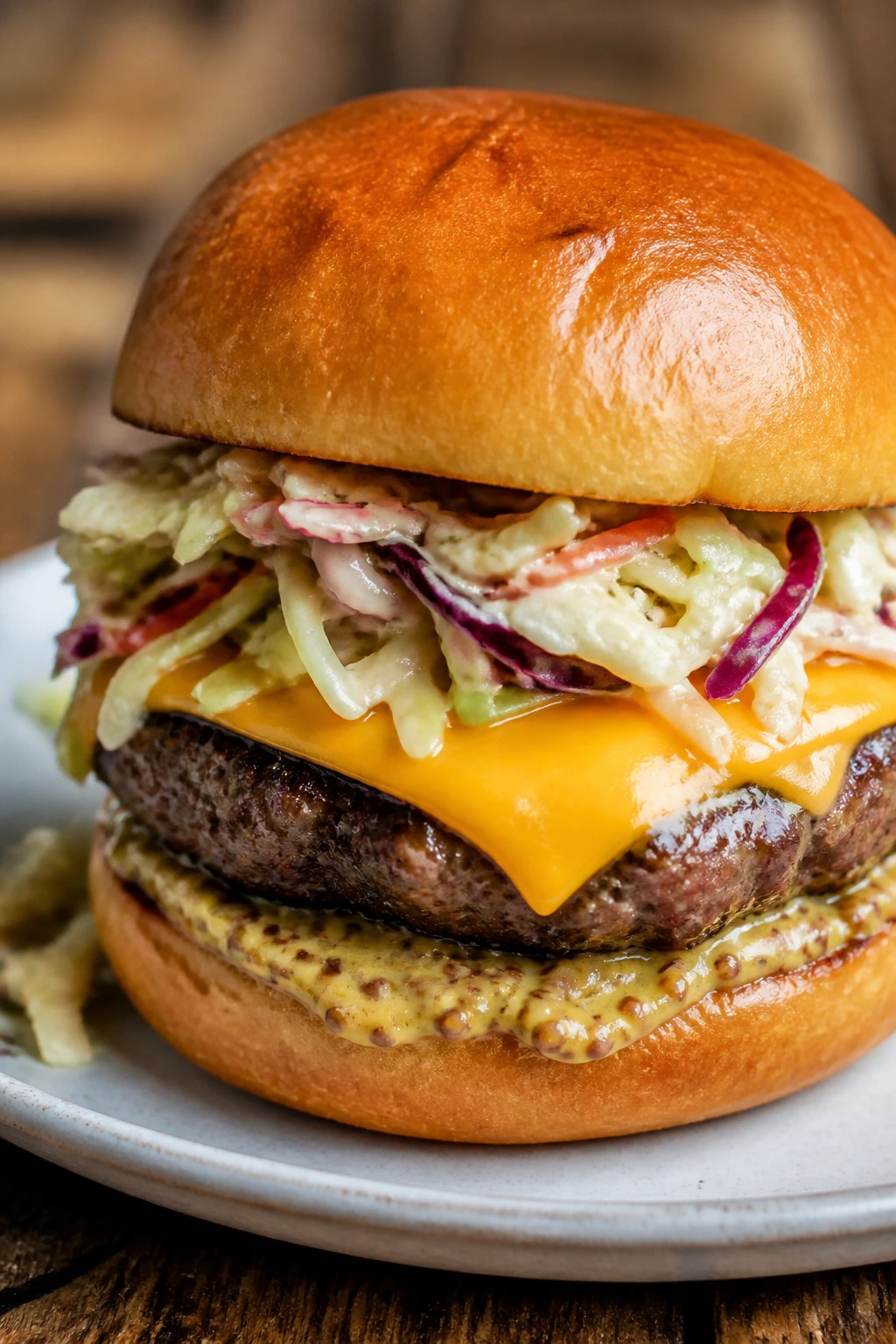 Close-up of Cabbage Slaw and Mustard Sliders with crisp slaw and mustard.