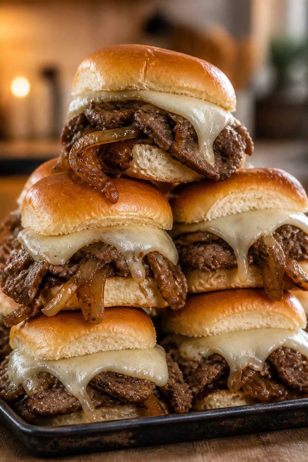 Close-up of Philly cheesesteak sliders with melted cheese