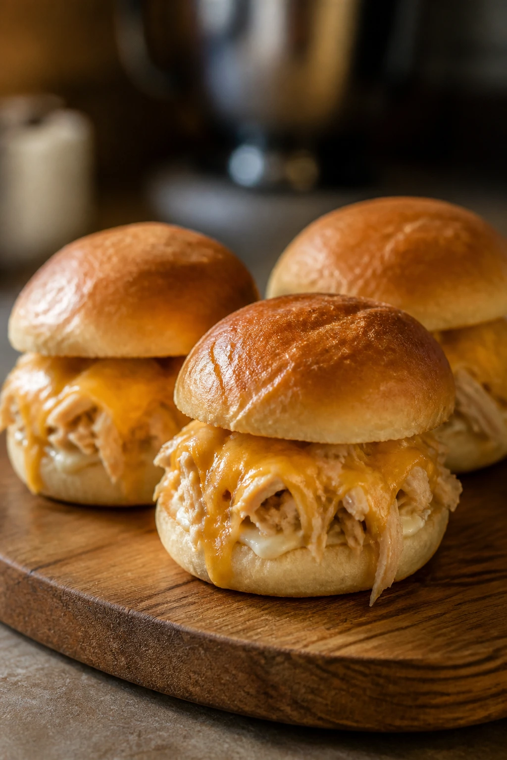 Close-up of mini chicken and cheese sliders on a wooden board