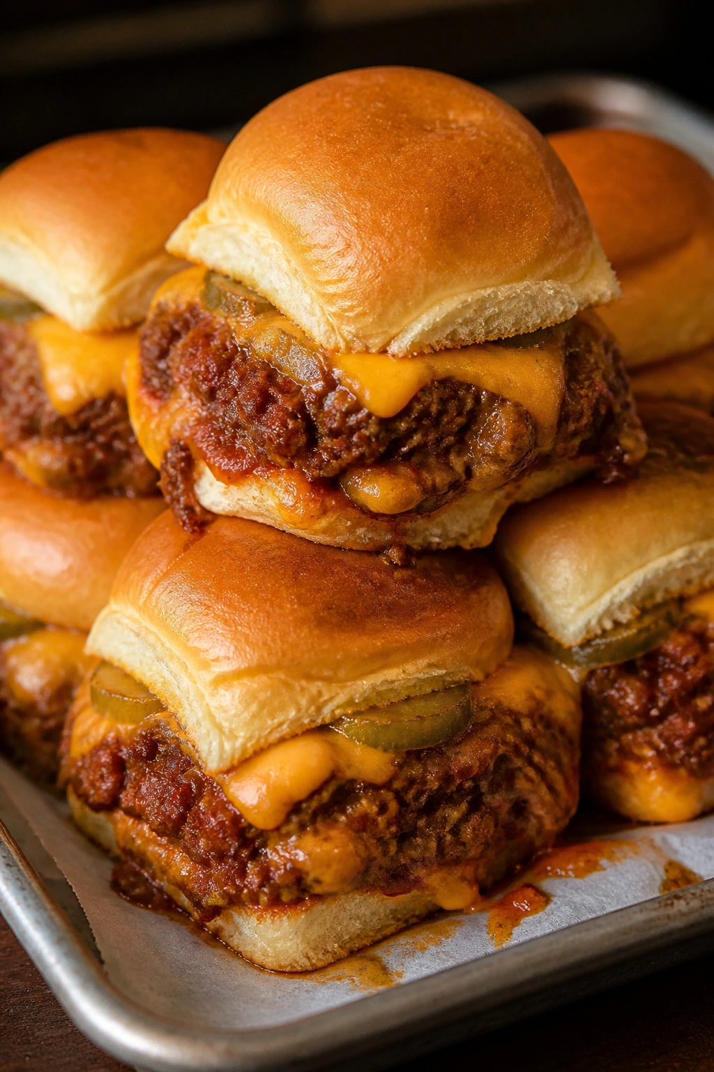 Close-up of Chili Cheddar Cheeseburger Sliders with thick chili and melted cheddar