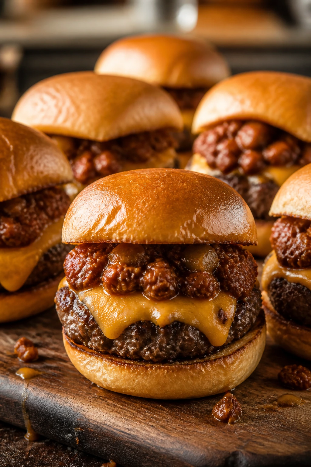 Close-up of chili cheese slider burgers with thick chili and melted cheddar on buns.