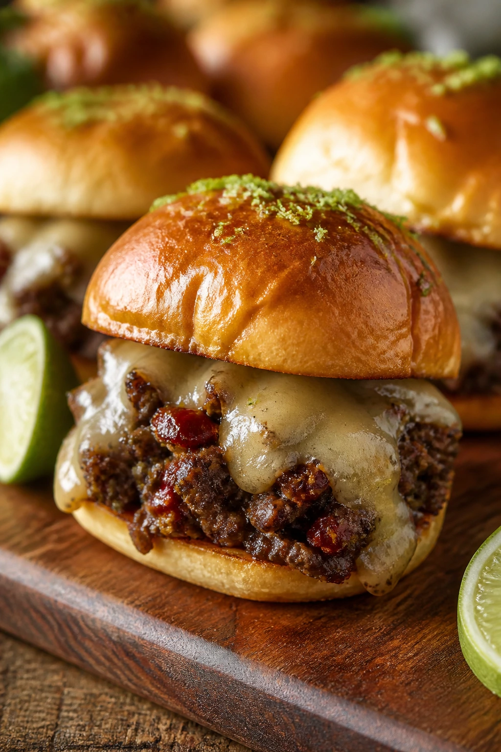 Close-up of chipotle lime sliders with melted cheese on a wooden board