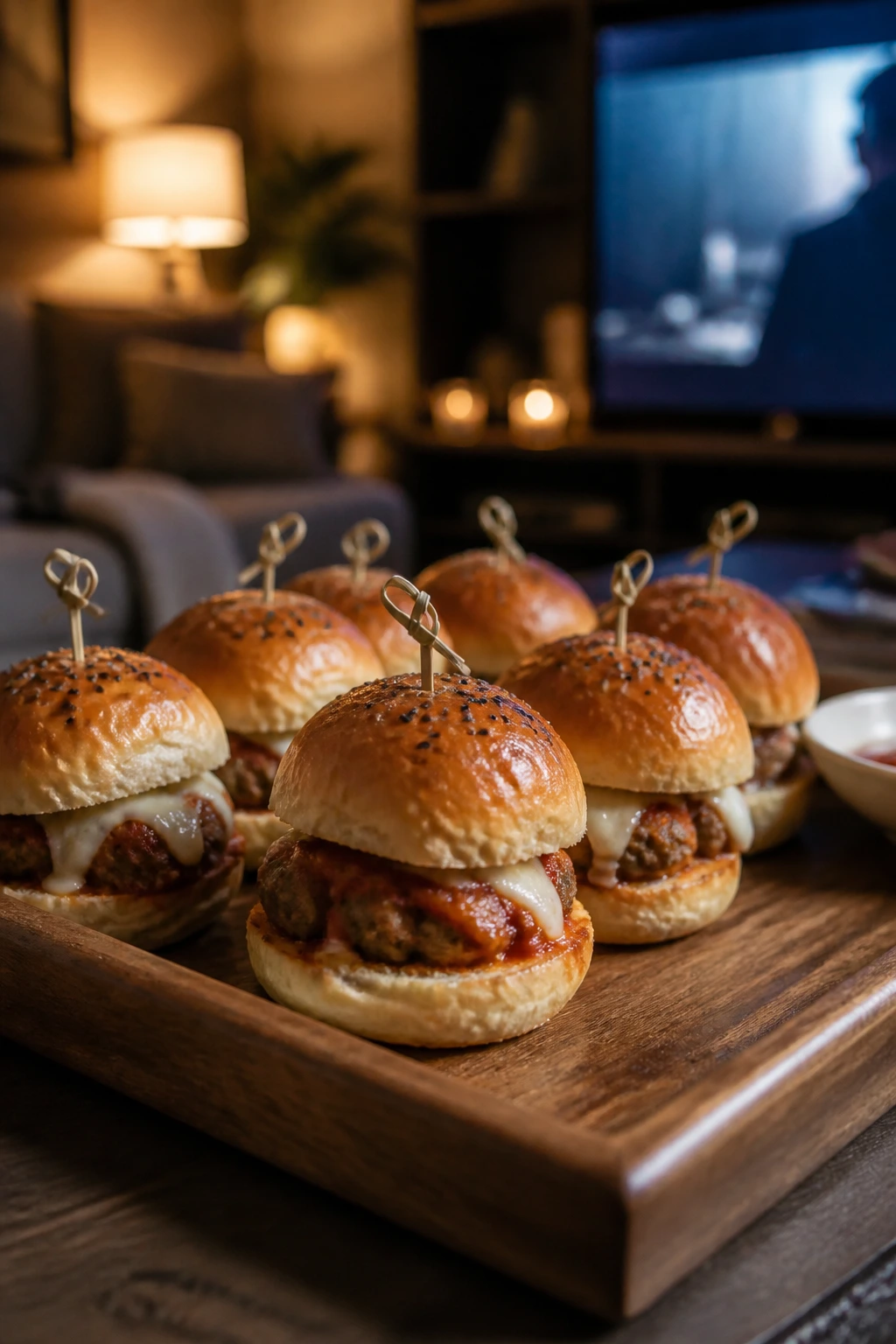 Tray of handheld sliders for movie night on a living room coffee table