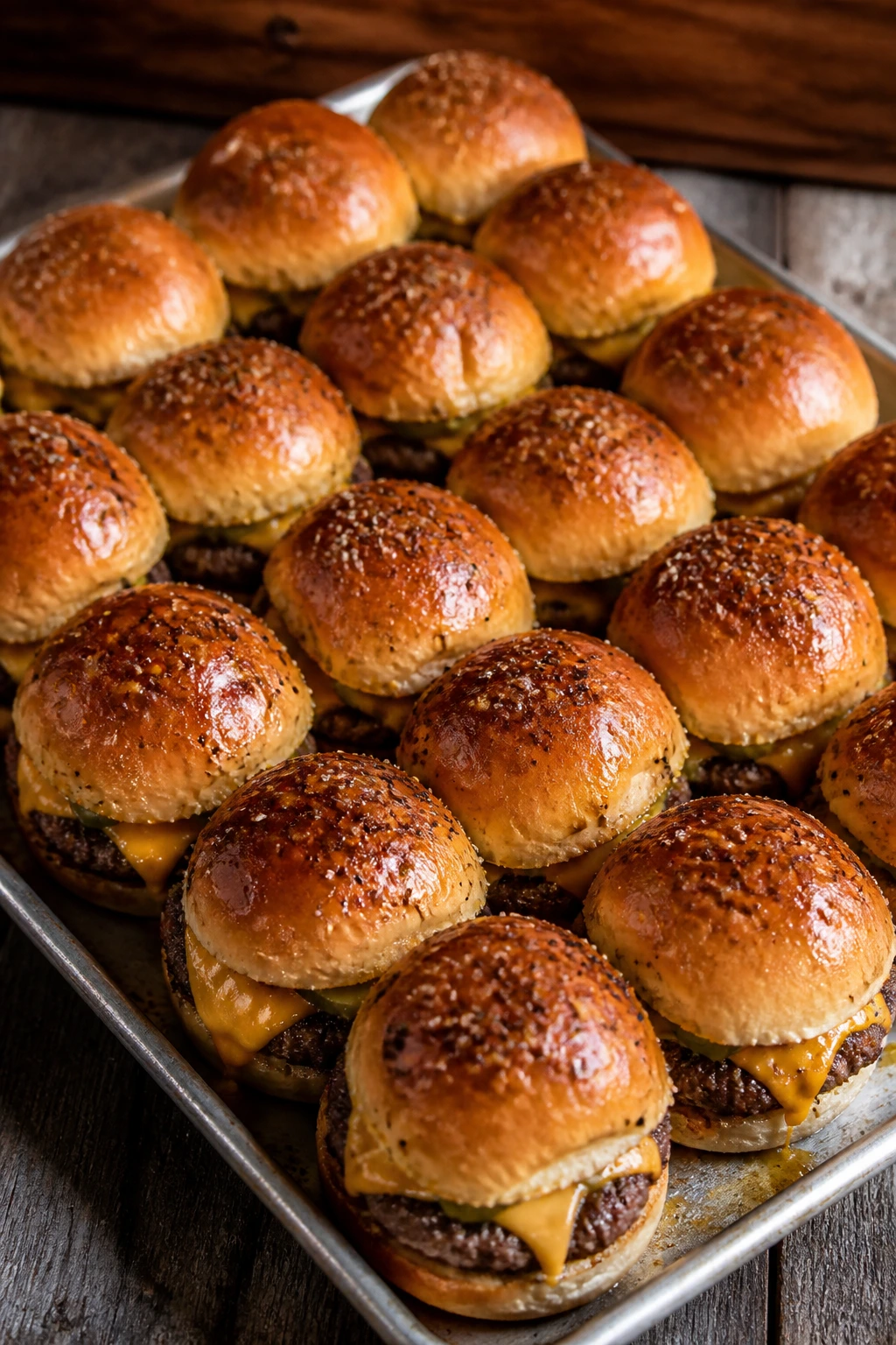 Tray of beef sliders arranged for a crowd on a wooden surface