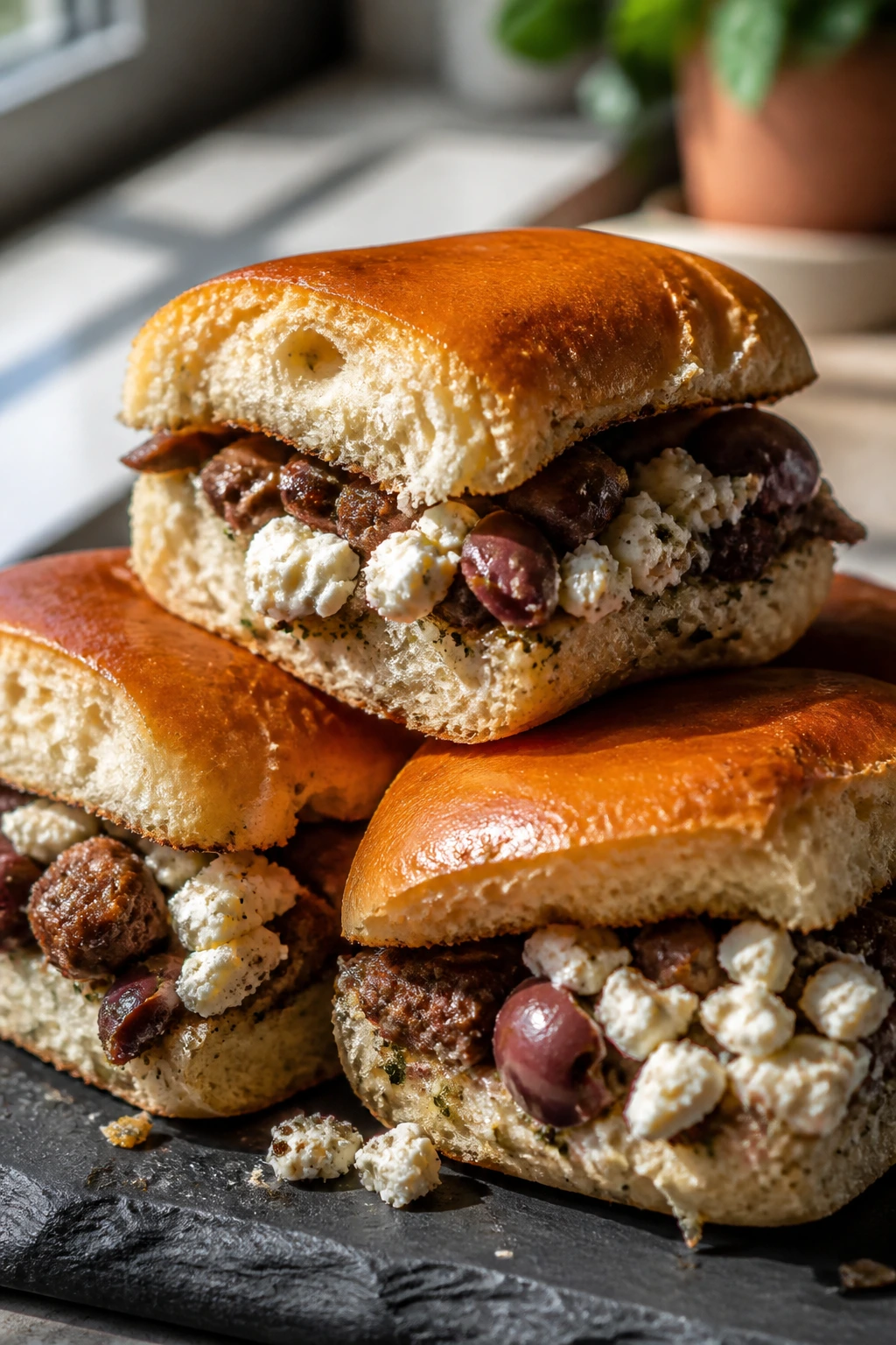 Close-up of feta and olive sliders with beef filling on a slate tray