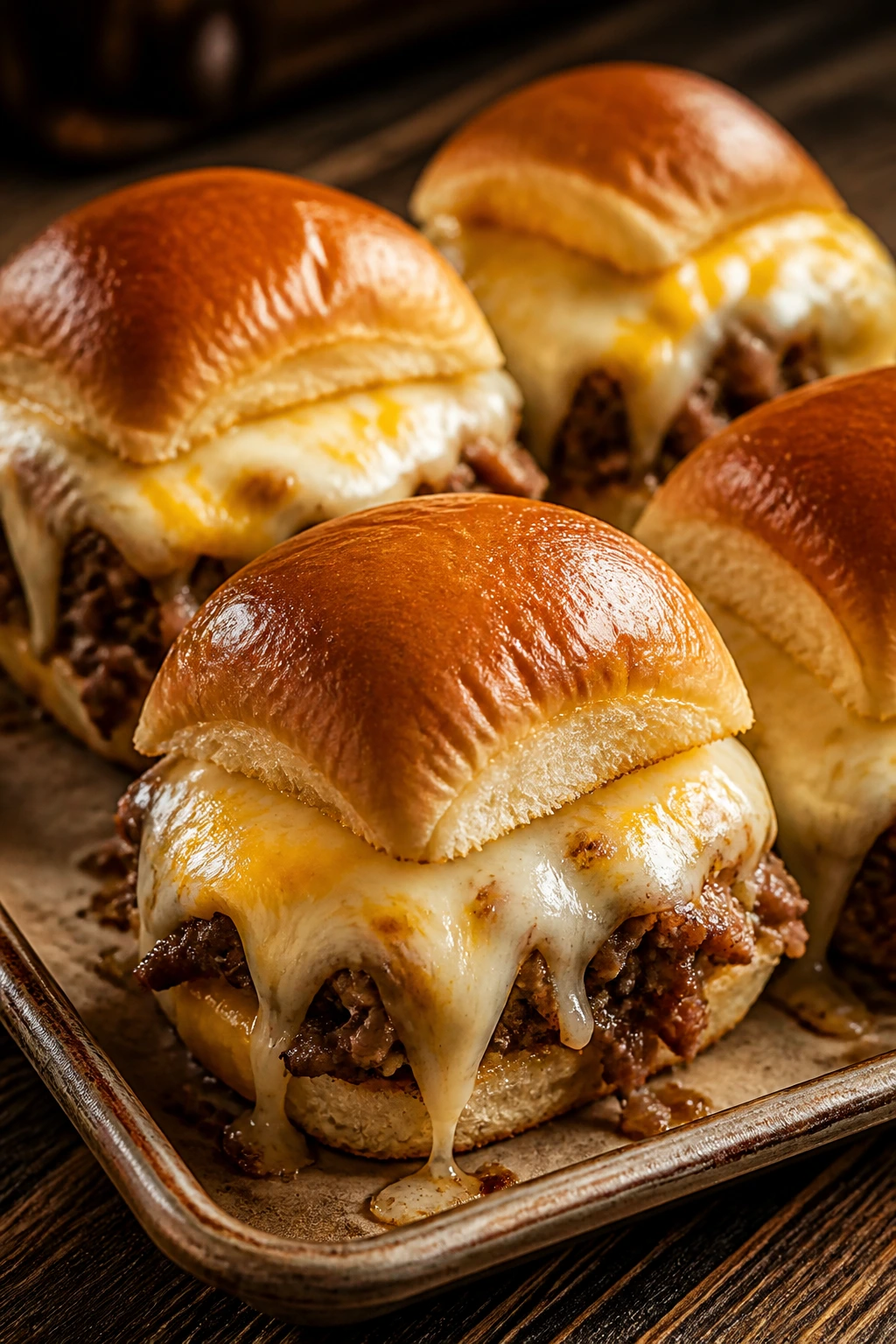 Close-up of four-cheese melt sliders with multiple cheese layers