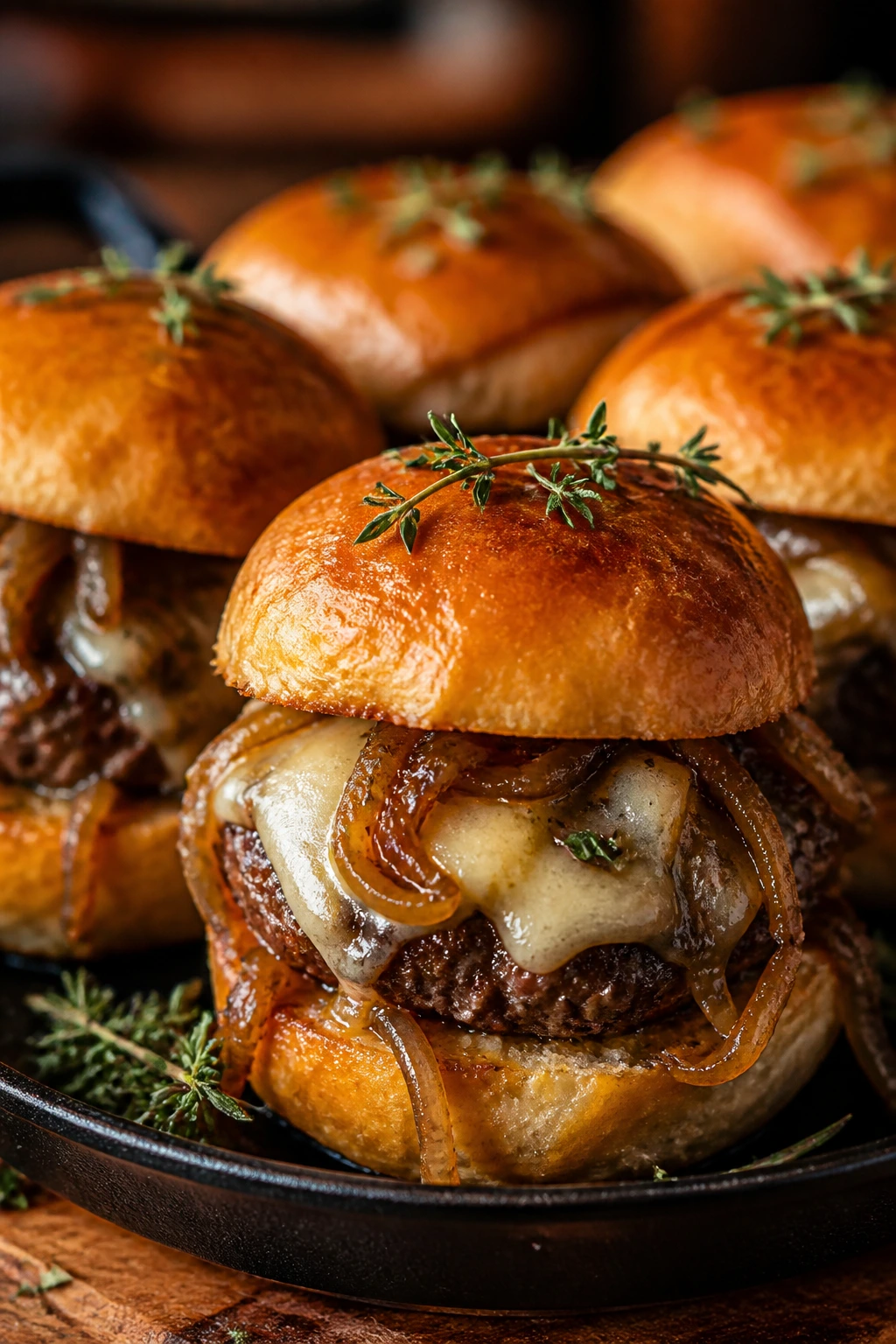 Close-up of French Onion Cheeseburger Sliders with caramelized onions and Gruyère